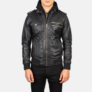 Close-Up Detail of High Neck &amp; Zipper Hardware on Men's Bravado Black Hooded Leather Bomber Jacket