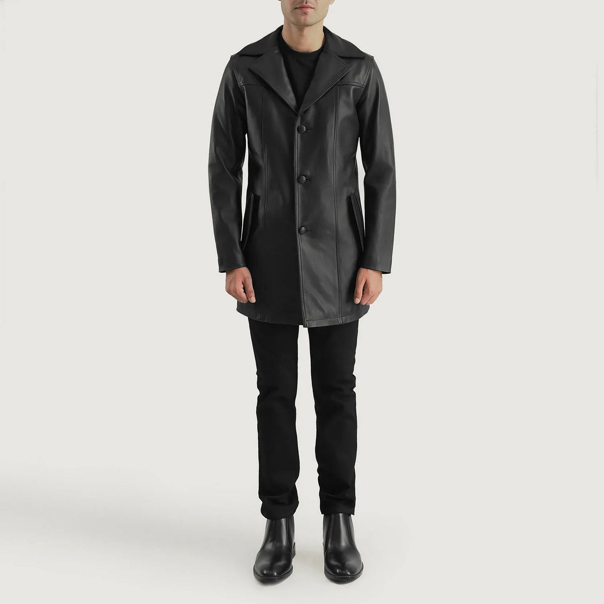 Brawnton Czarna Skórzany Płaszcz Męska - Lateral Side Profile View Showing Sleeve Cut &amp; Athletic Taper Fit