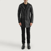 Brawnton Czarna Skórzany Płaszcz Męska - Lateral Side Profile View Showing Sleeve Cut &amp; Athletic Taper Fit