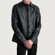 Bronco Czarna Leather Shirt Męska in Black Sheepskin Leather - Front Profile View &amp; Tailored Silhouette | Buy Online