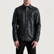 Bronco Czarna Leather Shirt Męska - Lateral Side Profile View Showing Sleeve Cut &amp; Athletic Taper Fit