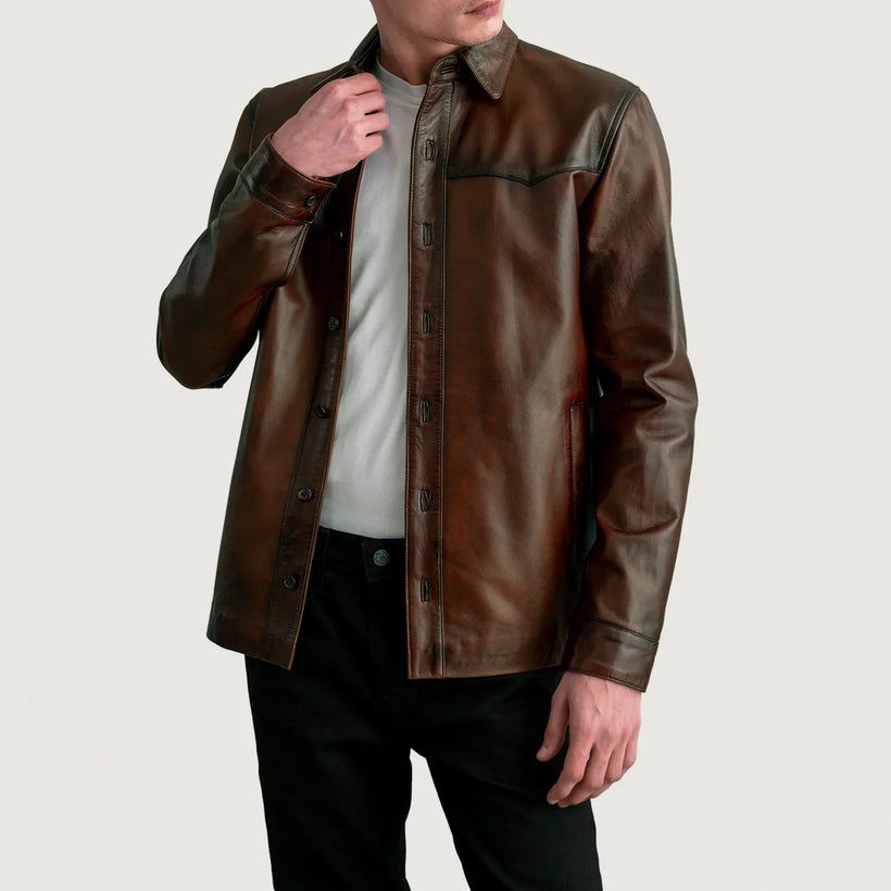 Bronco Distressed Brązowa Leather Shirt Męska