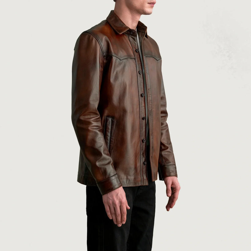 Bronco Distressed Brązowa Leather Shirt Męska