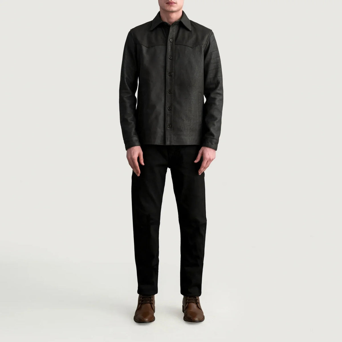 
Szczegółowe zbliżenie of Shirt & Buttons Hardware on Bronco Tumbled Brązowy Leather Shirt Męska