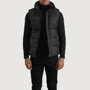 Bryan Czarna Puffer Vest Męska in Black Full-Grain Leather - Front Profile View &amp; Tailored Silhouette | Buy Online