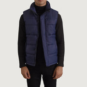 Bryan Blue Puffer Vest Męska in Blue Full-Grain Leather - Front Profile View &amp; Tailored Silhouette | Buy Online