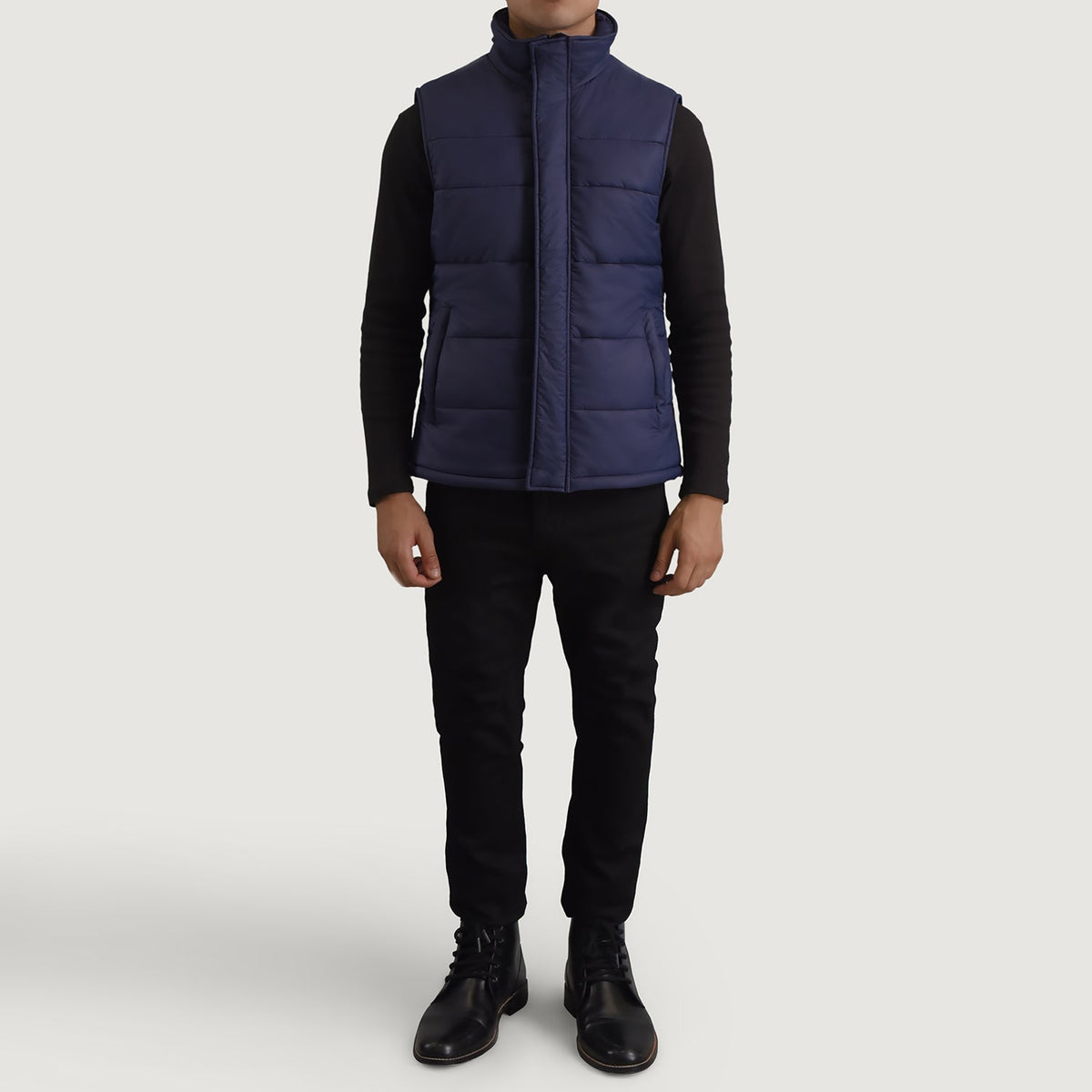 Bryan Blue Puffer Vest Męska - Lateral Side Profile View Showing Sleeve Cut &amp; Athletic Taper Fit