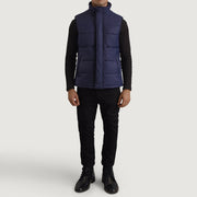 Bryan Blue Puffer Vest Męska - Lateral Side Profile View Showing Sleeve Cut &amp; Athletic Taper Fit