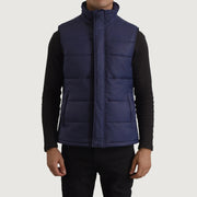Close-Up Detail of Classic Collar &amp; Zipper With Placket Hardware on Bryan Blue Puffer Vest Męska