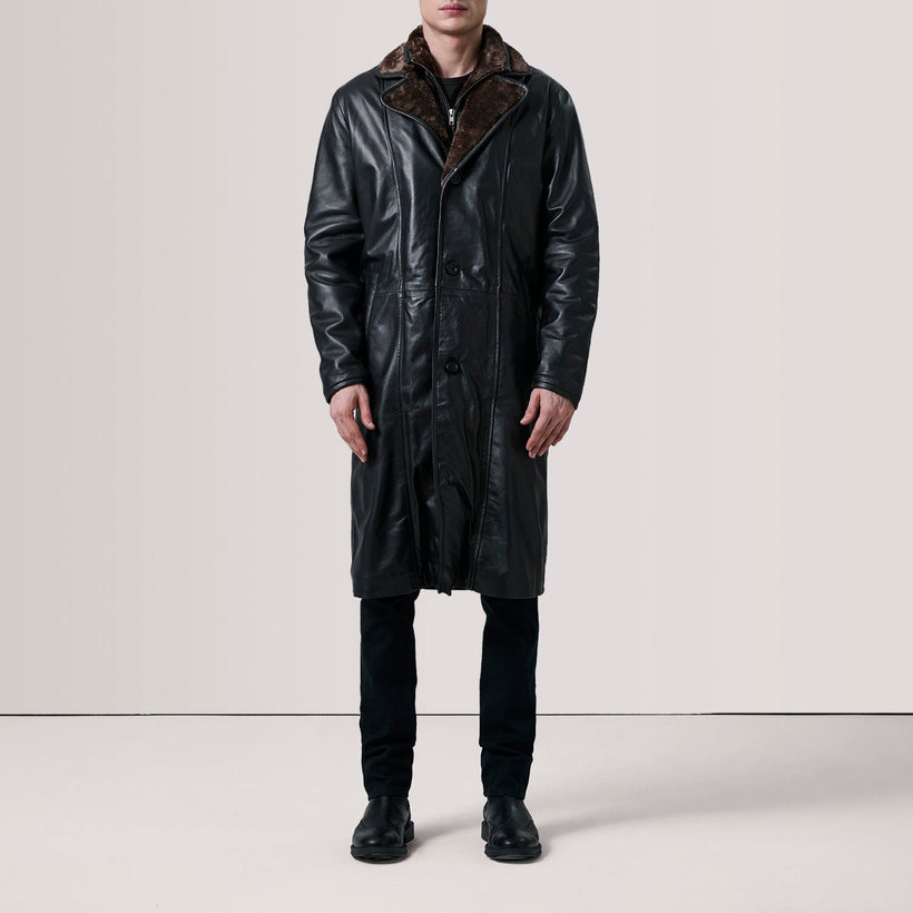 Cai Czarna Leather Shearling Skórzany Płaszcz Męska