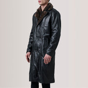 Cai Czarna Leather Shearling Skórzany Płaszcz Męska For Men - Lateral Side Profile View Showing Sleeve Cut &amp; Athletic Taper Fit