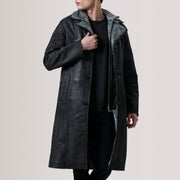 Cai Postarzana Czarna Leather Shearling Skórzany Płaszcz Męska For Men in Distressed Black Sheepskin Snuffed - Front Profile View &amp; Tailored Silhouette | Buy Online