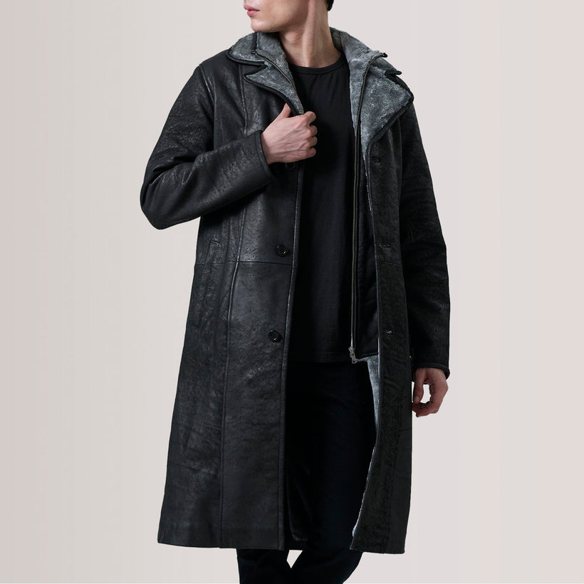 Cai Distressed Czarna Leather Shearling Skórzany Płaszcz Męska