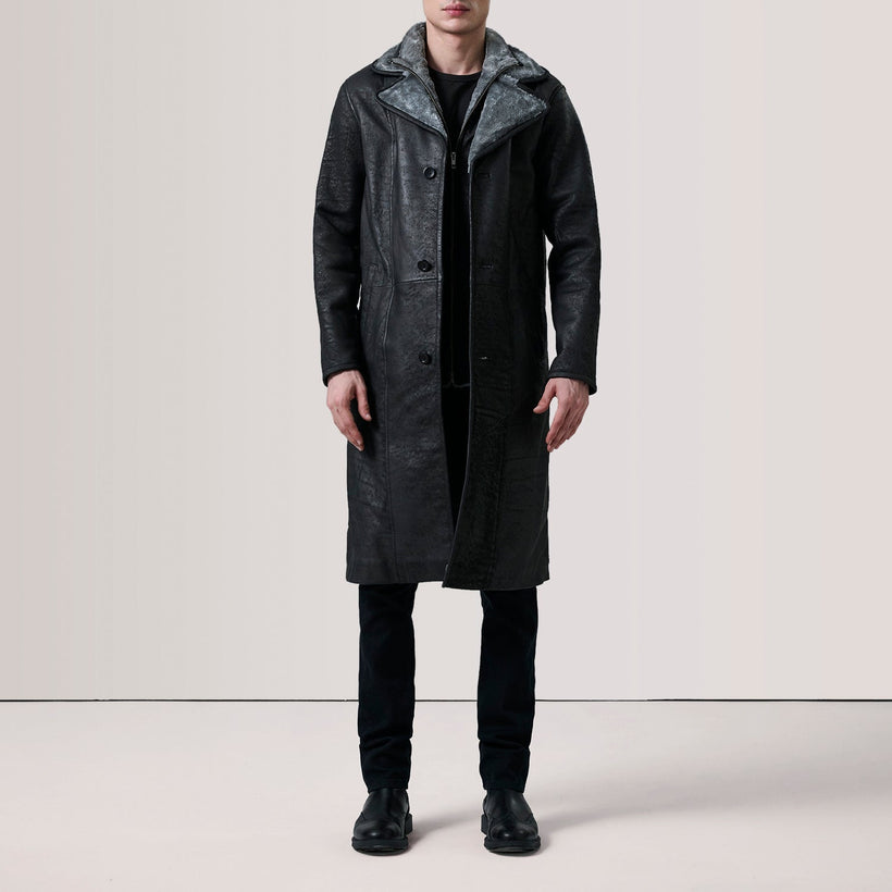 Cai Distressed Czarna Leather Shearling Skórzany Płaszcz Męska