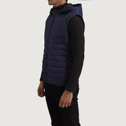 
Blue Full-Grain leather Vest - Widok z tyłu z dopasowanymi ramionami i czystym dołem