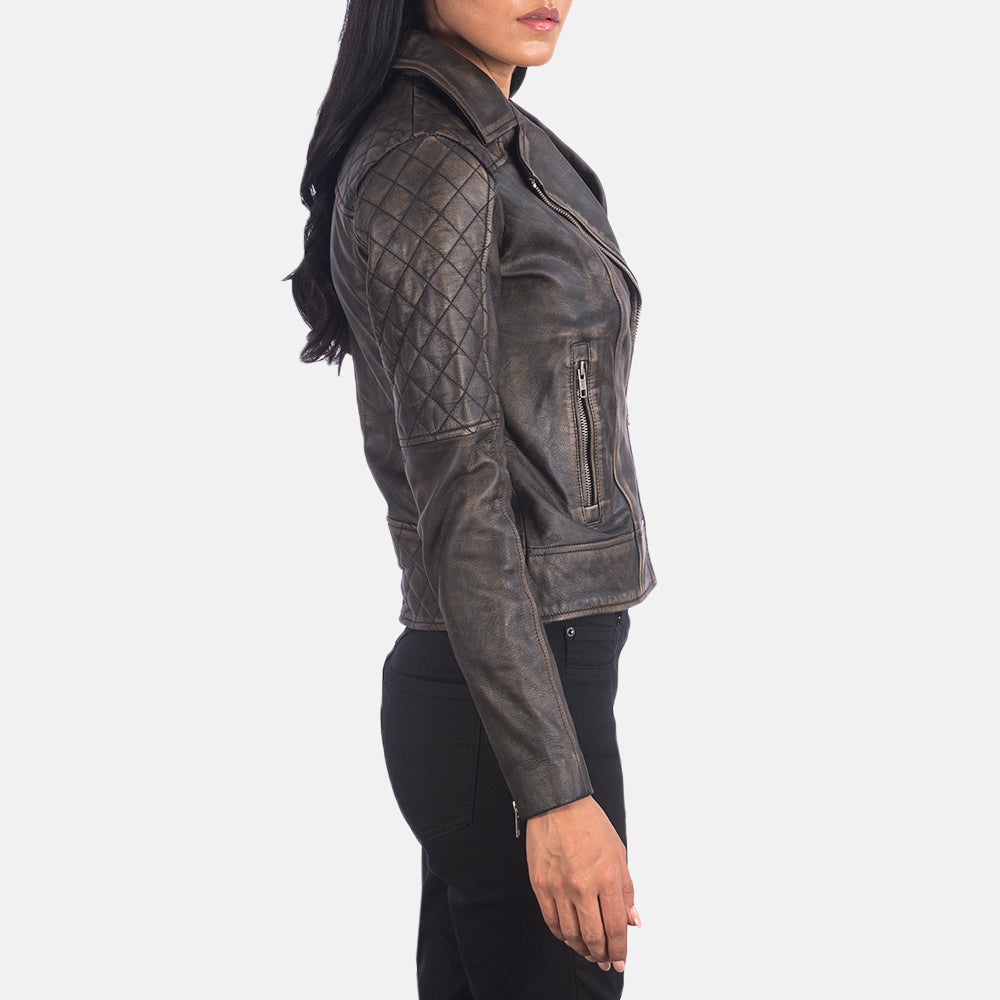 
Distressed Brown Goatskin Leather Biker Jacket - Widok z tyłu z dopasowanymi ramionami i czystym dołem