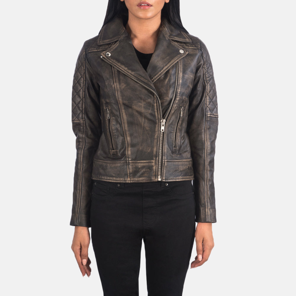 
Szczegółowe zbliżenie of Notch & Zipper Hardware on Carolyn Quilted Distressed Brown Biker Jacket