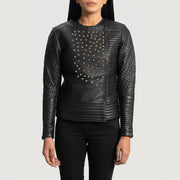 Women's Celeste Studded Czarna Kurtka Skórzana Damska in Black Sheepskin Leather - Front Profile View &amp; Tailored Silhouette | Buy Online