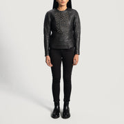 Close-Up Detail of Classic Collar &amp; Snap Button Hardware on Women's Celeste Studded Czarna Kurtka Skórzana Damska