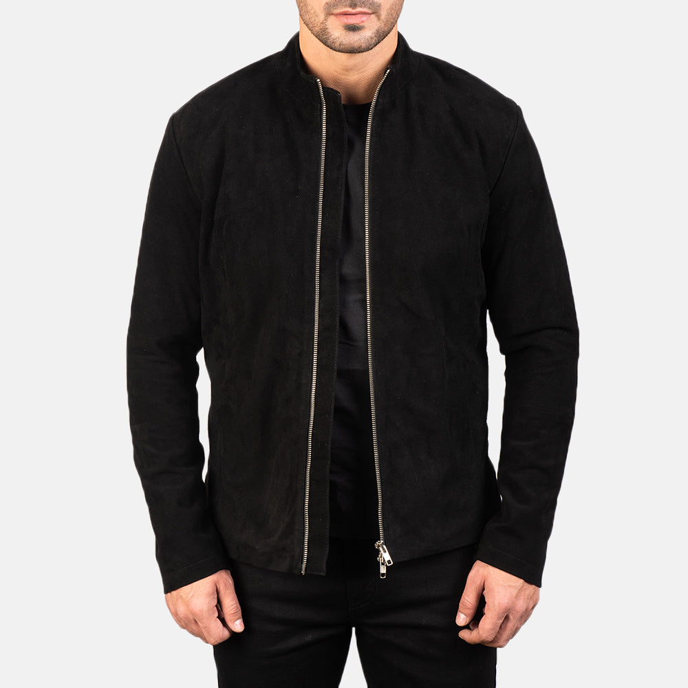 Men's Charcoal Czarna Suede Skórzana Ramoneska Męska in Black Goatskin Suede - Front Profile View &amp; Tailored Silhouette | Buy Online