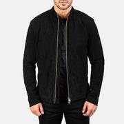 Men's Charcoal Czarna Suede Skórzana Ramoneska Męska in Black Goatskin Suede - Front Profile View &amp; Tailored Silhouette | Buy Online