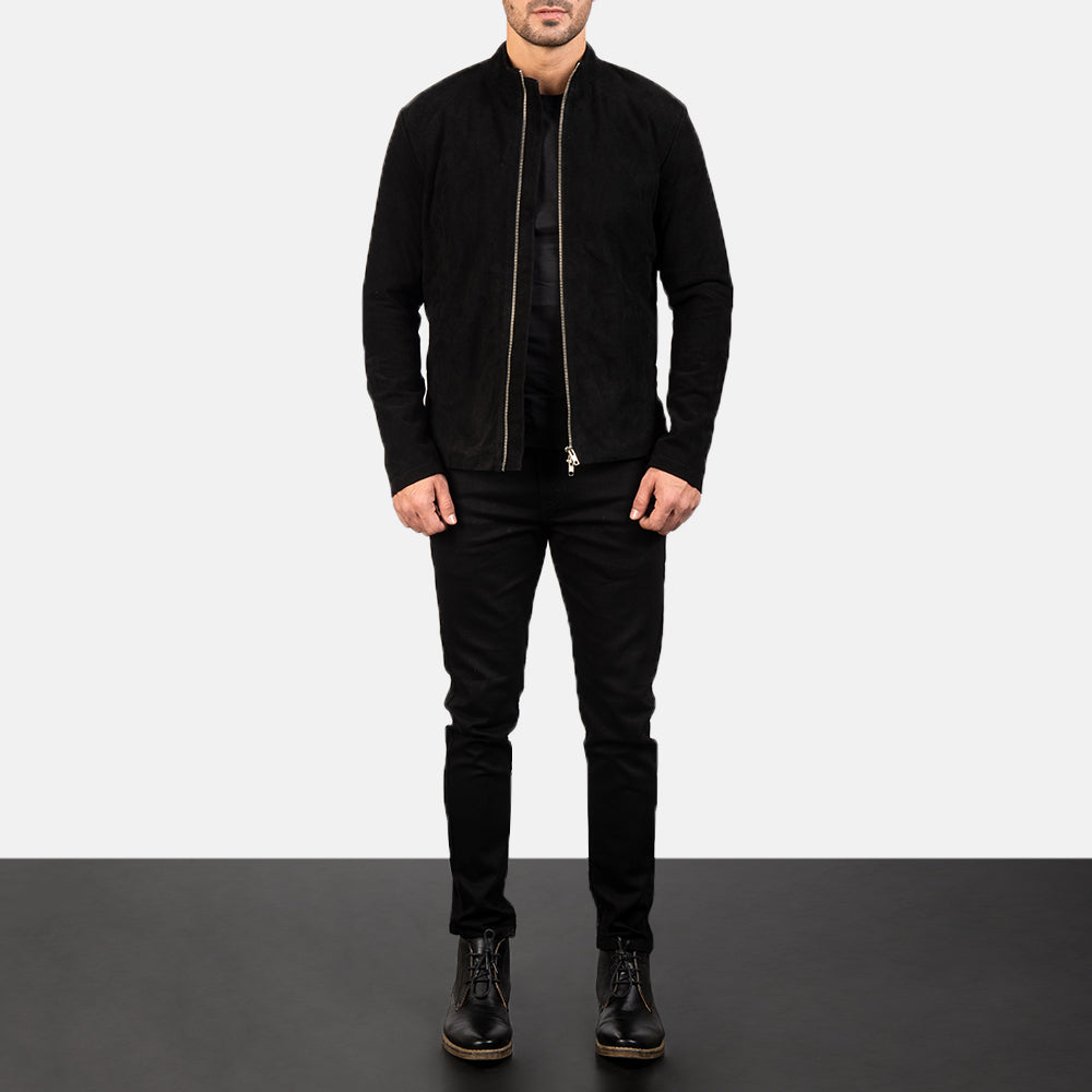 Men's Charcoal Czarna Suede Skórzana Ramoneska Męska - Lateral Side Profile View Showing Sleeve Cut &amp; Athletic Taper Fit