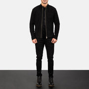 Men's Charcoal Czarna Suede Skórzana Ramoneska Męska - Lateral Side Profile View Showing Sleeve Cut &amp; Athletic Taper Fit