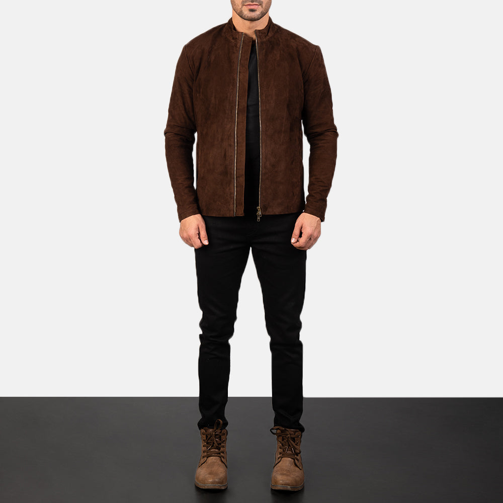 Men's Charcoal Mocha Suede Skórzana Ramoneska Męska - Lateral Side Profile View Showing Sleeve Cut &amp; Athletic Taper Fit