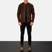 Men's Charcoal Mocha Suede Skórzana Ramoneska Męska - Lateral Side Profile View Showing Sleeve Cut &amp; Athletic Taper Fit