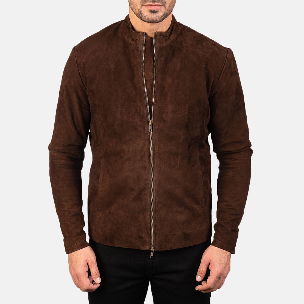 Close-Up Detail of Mandarin &amp; Zipper with Dual Puller Hardware on Men's Charcoal Mocha Suede Skórzana Ramoneska Męska