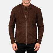 Close-Up Detail of Mandarin &amp; Zipper with Dual Puller Hardware on Men's Charcoal Mocha Suede Skórzana Ramoneska Męska