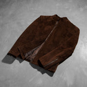 Styled Fit Perspective of Men's Charcoal Mocha Suede Skórzana Ramoneska Męska on Model - Natural Daylight Drape