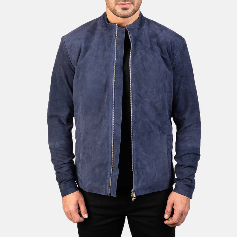 Charcoal Navy Blue Suede Skórzana Ramoneska Męska
