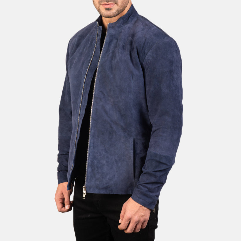 Charcoal Navy Blue Suede Skórzana Ramoneska Męska