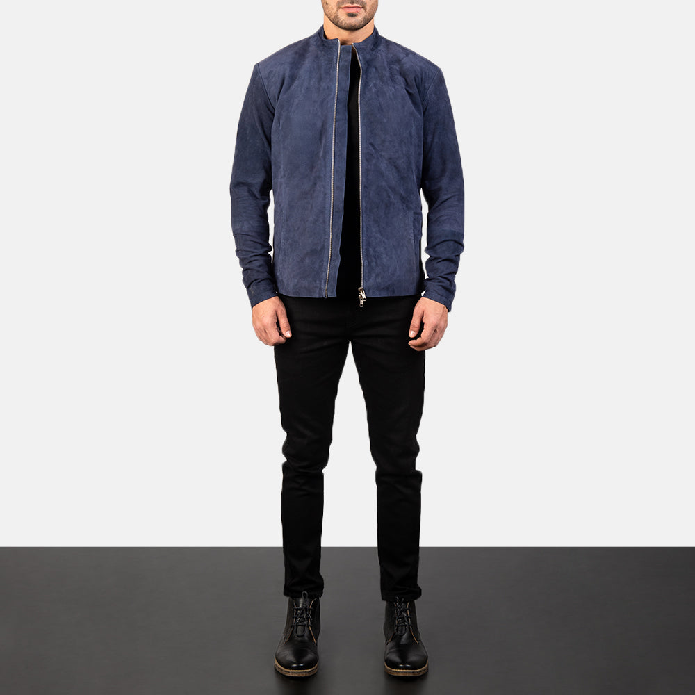Men's Charcoal Navy Blue Suede Skórzana Ramoneska Męska - Lateral Side Profile View Showing Sleeve Cut &amp; Athletic Taper Fit