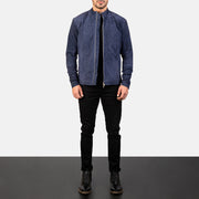 Men's Charcoal Navy Blue Suede Skórzana Ramoneska Męska - Lateral Side Profile View Showing Sleeve Cut &amp; Athletic Taper Fit