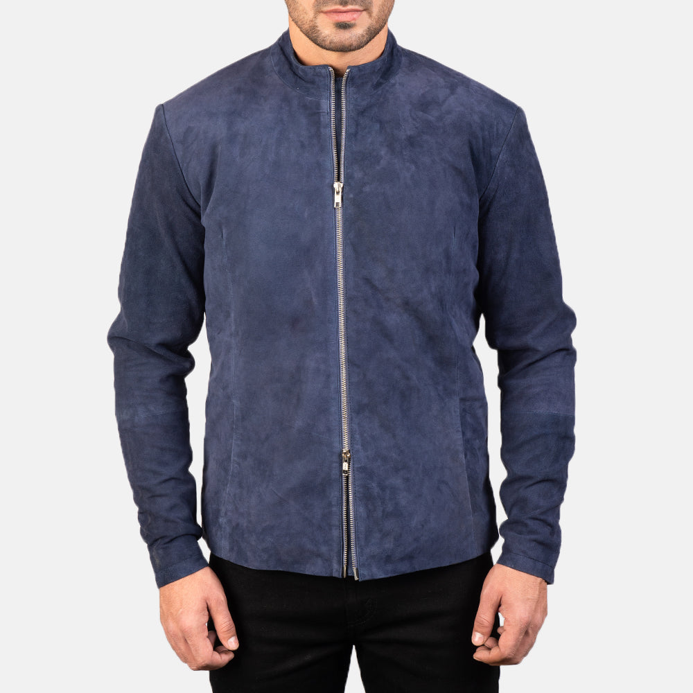 Close-Up Detail of Mandarin &amp; Zipper with Dual Puller Hardware on Men's Charcoal Navy Blue Suede Skórzana Ramoneska Męska