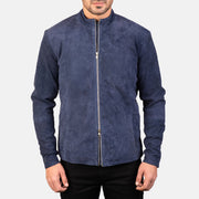 Close-Up Detail of Mandarin &amp; Zipper with Dual Puller Hardware on Men's Charcoal Navy Blue Suede Skórzana Ramoneska Męska