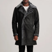 
Szczegółowe zbliżenie of Notch & Button Hardware on Charles Brown Suede Leather Shearling Double-Breasted Coat