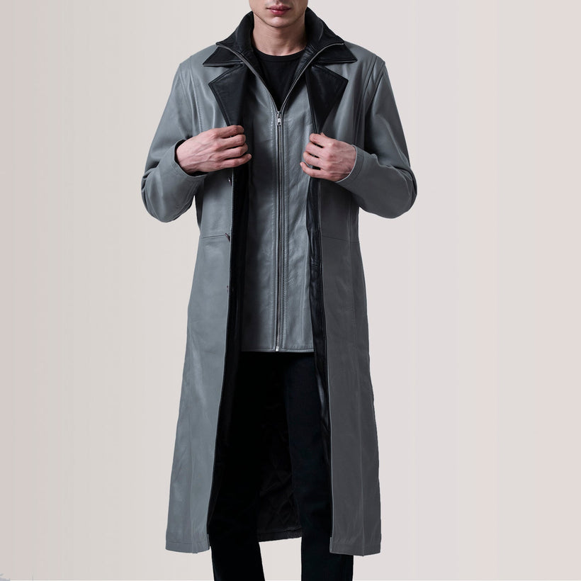 Charlton Grey Leather Single Breasted Skórzany Płaszcz Męska