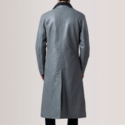 
Szczegółowe zbliżenie of Notch & Button Hardware on Charlton Grey Leather Single Breasted Skórzany Płaszcz Męska For Men