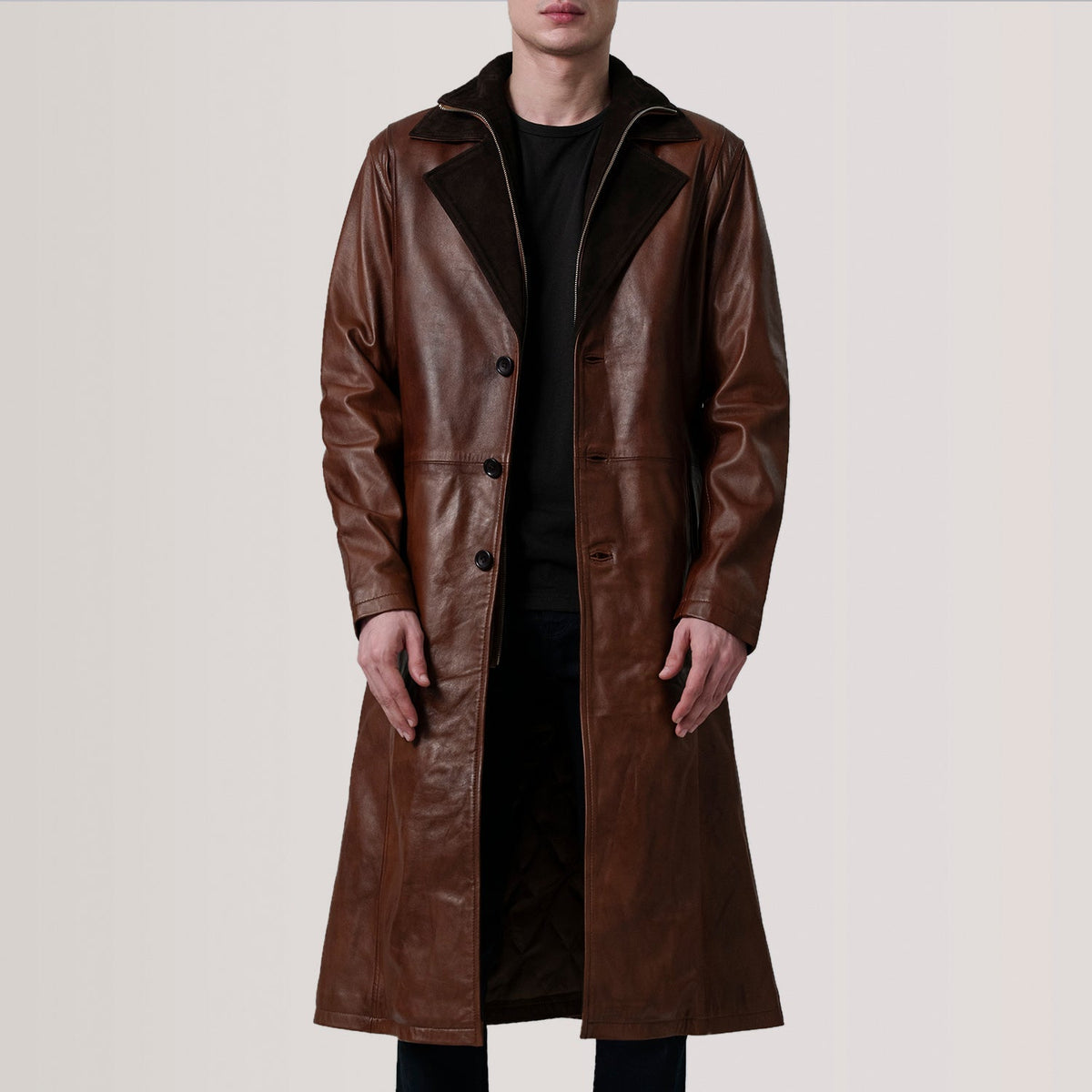 
Charlton Waxed Brązowy Leather Single Breasted Skórzany Płaszcz Męska For Men in Distressed Brown Sheepskin Burnished - Widok z przodu i dopasowana sylwetka | Kup online w oficjalnym sklepie