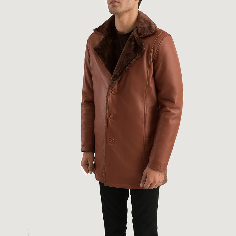 Cinnamon Brązowa Leather Fur Skórzany Płaszcz Męska