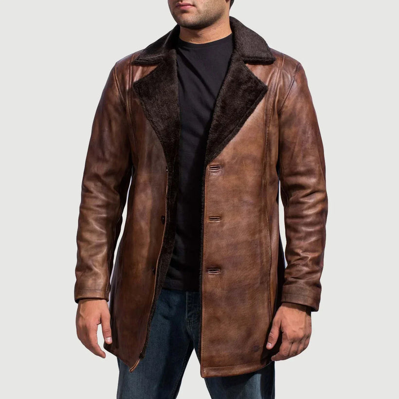 Cinnamon Distressed Leather Fur Skórzany Płaszcz Męska
