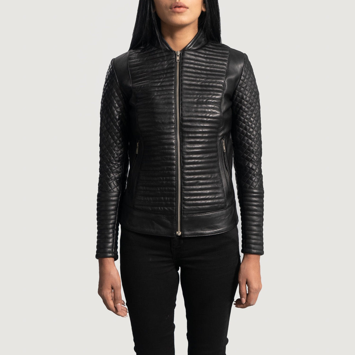 Women's Cityscape Czarna Skórzana Ramoneska Damska in Black Sheepskin Leather - Front Profile View &amp; Tailored Silhouette | Buy Online
