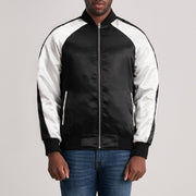 Clarke Czarna Varsity Kurtka Skórzana Męska in Black &amp; White Satin - Front Profile View &amp; Tailored Silhouette | Buy Online
