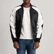 Clarke Czarna Varsity Kurtka Skórzana Męska - Lateral Side Profile View Showing Sleeve Cut &amp; Athletic Taper Fit