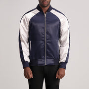 Clarke Blue Varsity Kurtka Skórzana Męska in Blue &amp; White Satin - Front Profile View &amp; Tailored Silhouette | Buy Online