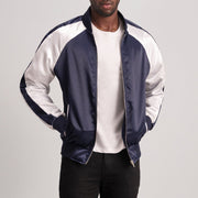 Clarke Blue Varsity Kurtka Skórzana Męska - Lateral Side Profile View Showing Sleeve Cut &amp; Athletic Taper Fit