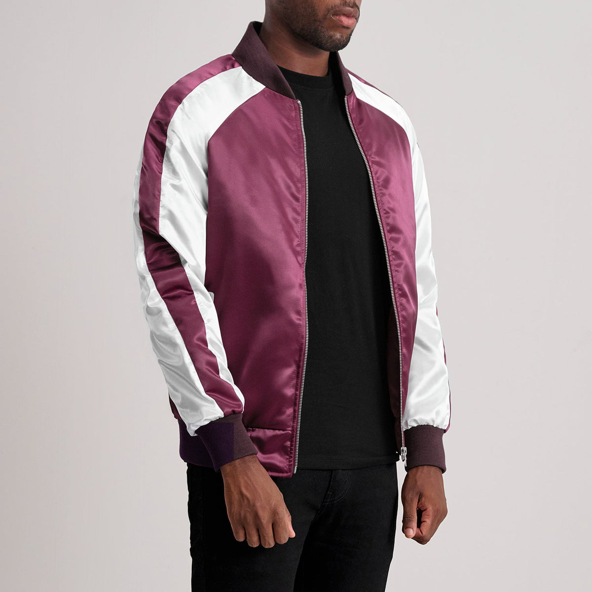 
Maroon & White Satin Aviator Jacket - Widok z tyłu z dopasowanymi ramionami i czystym dołem